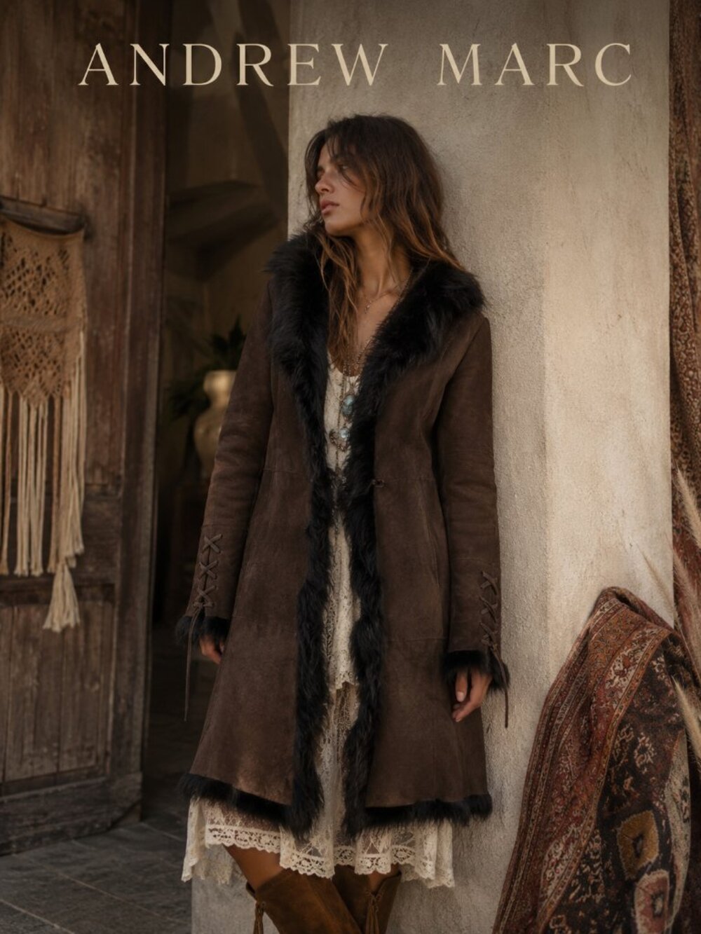 Andrew Marc 100% Lamb Shearling Suede Fur Trim Long Coat Brown L Made in Spain